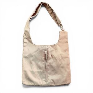 Sondra Roberts SR Squared Slouchy Fabric Convertible Hobo Bag Tan Brass Zippers